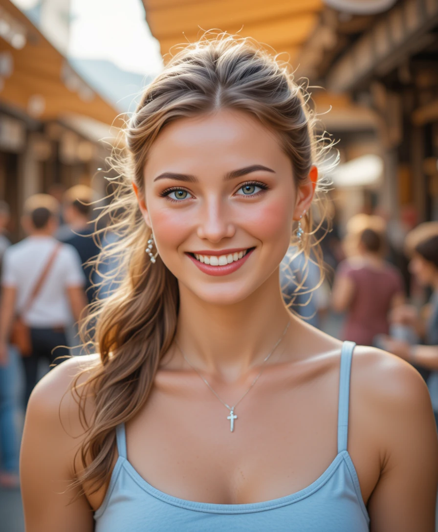 Smiling young woman at an outdoor street market