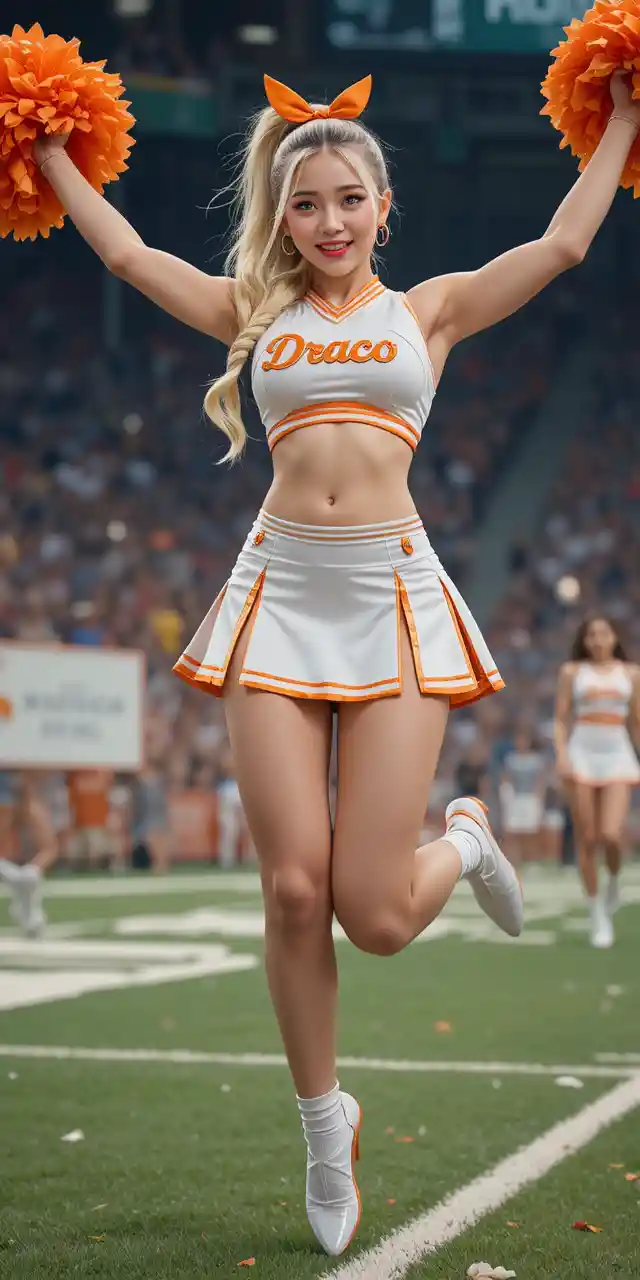 Blonde cheerleader jumping with pompoms on football field