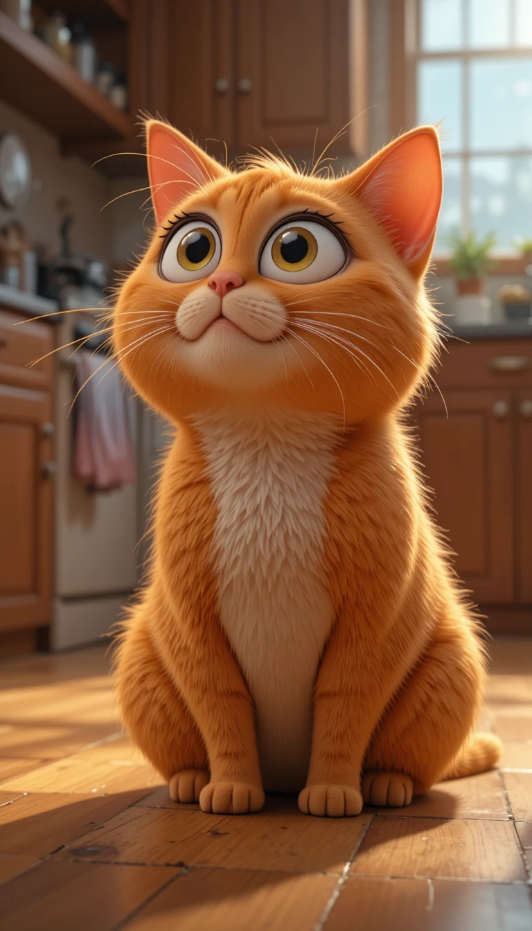 Chubby orange cartoon cat resting on a cozy kitchen floor