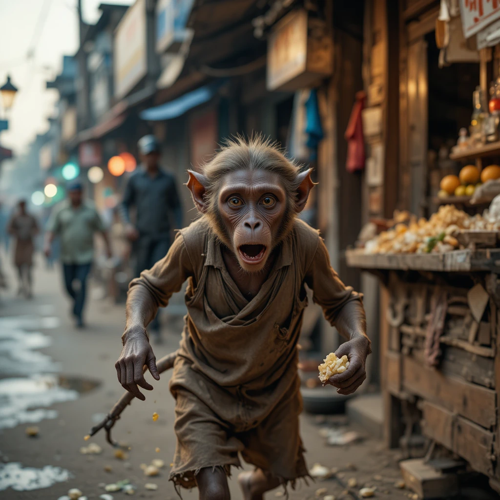 Terrified monkey stealing food in an Indian street market