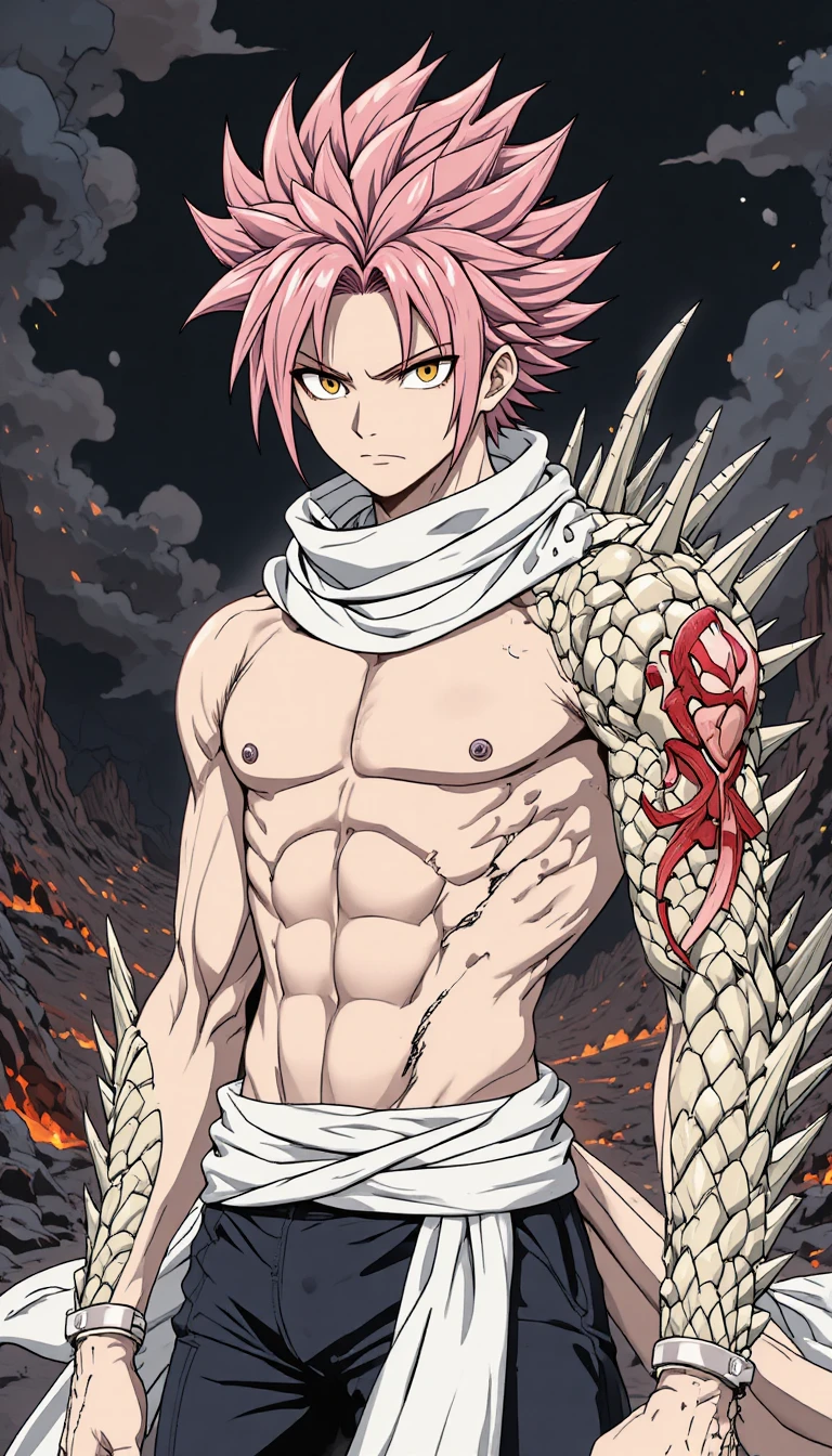 Anime warrior with mutated dragon arm in volcanic wasteland