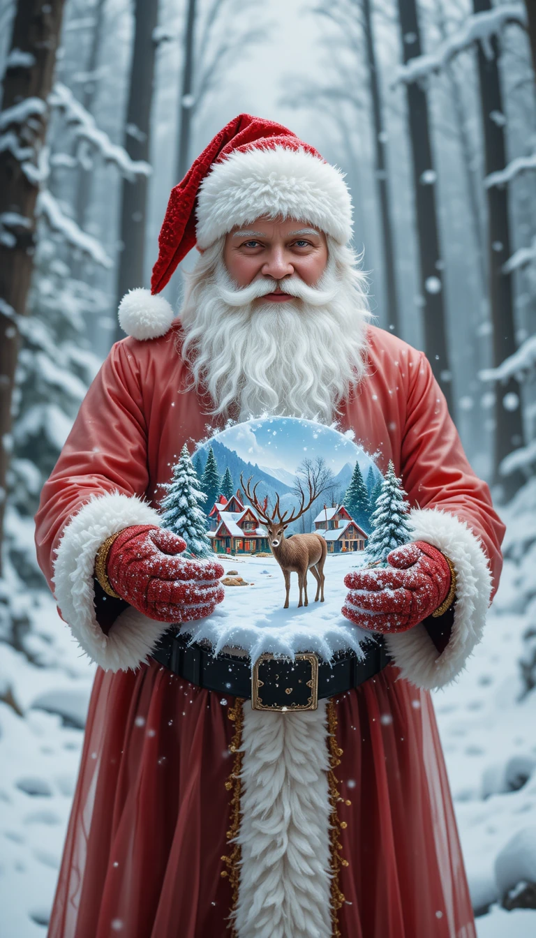 Babbo Natale che tiene tra le mani un minuscolo villaggio innevato nel bosco