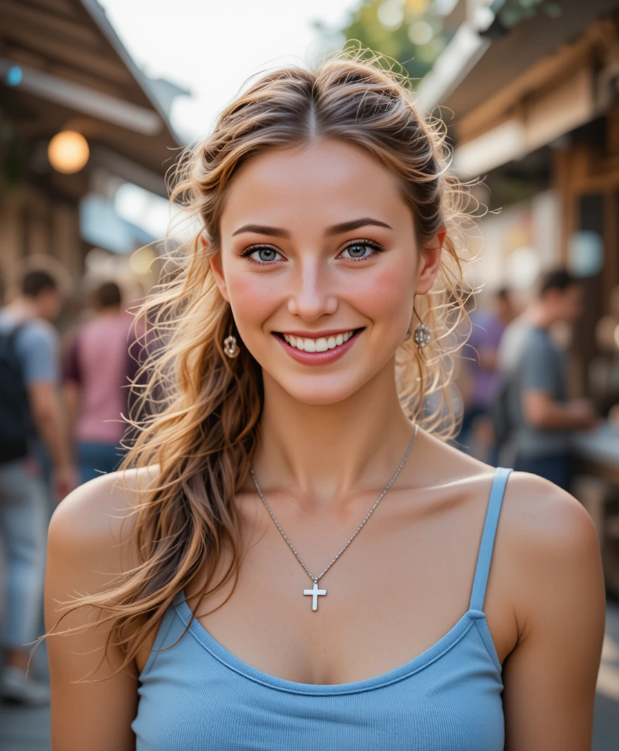 Smiling young woman at an outdoor street market
