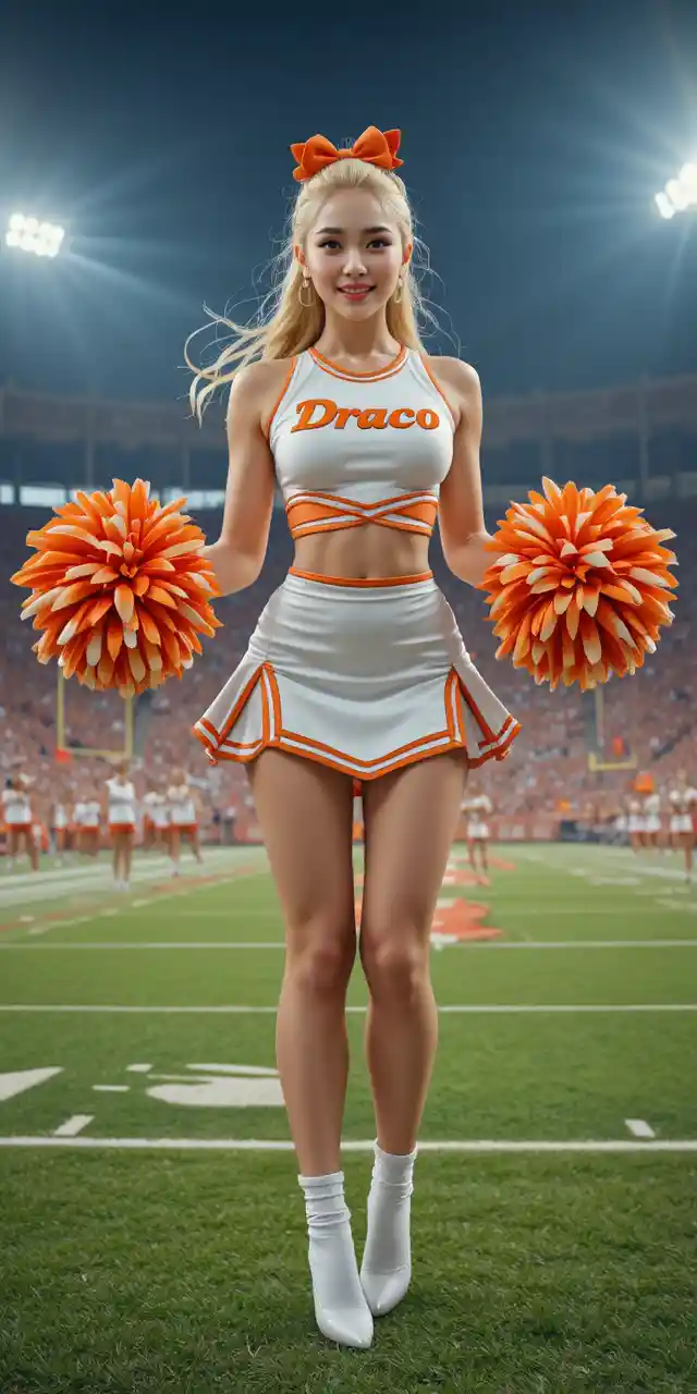 Cheerleader jumping on football field with pompoms