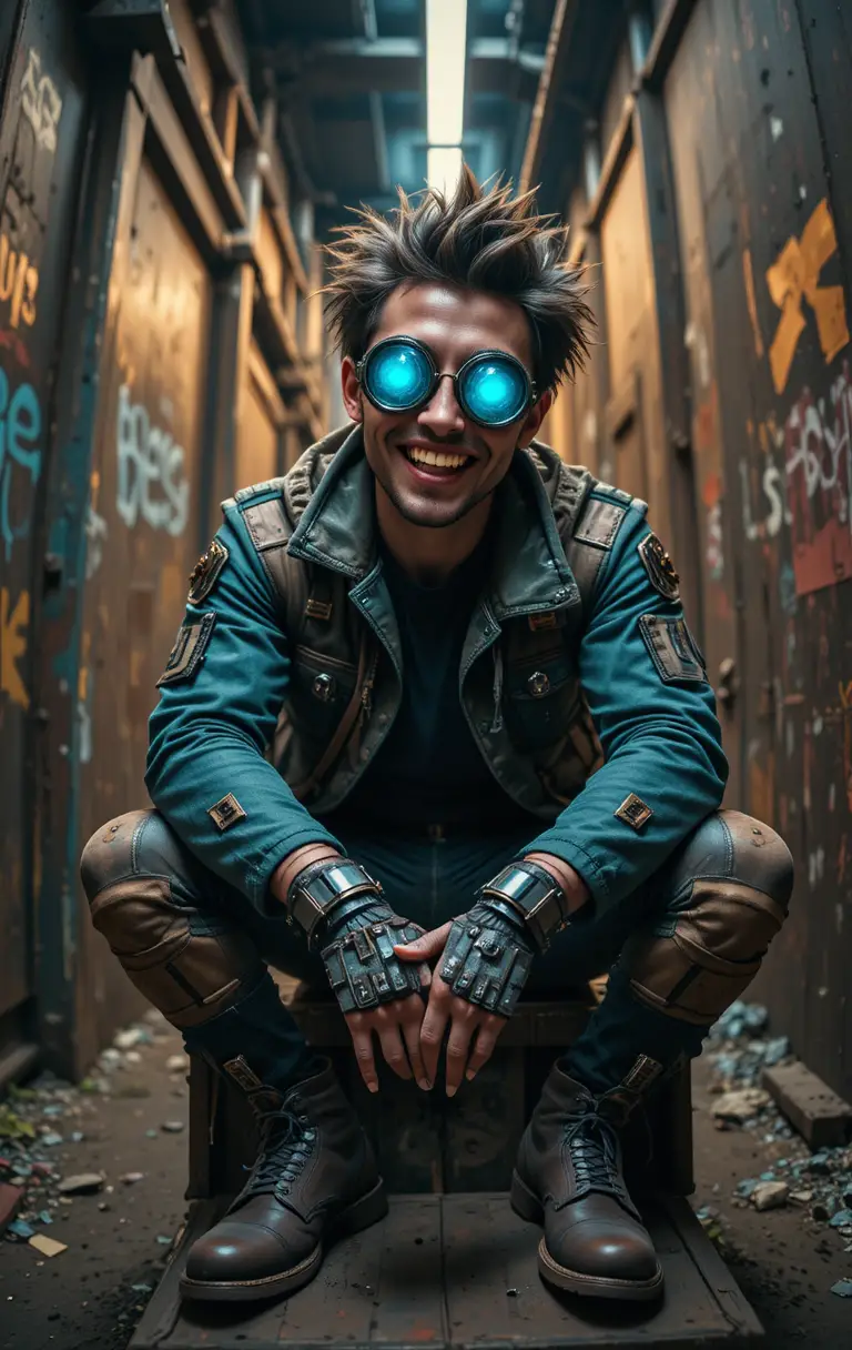 Pillard cyberpunk rebelle dans une ruelle industrielle sombre