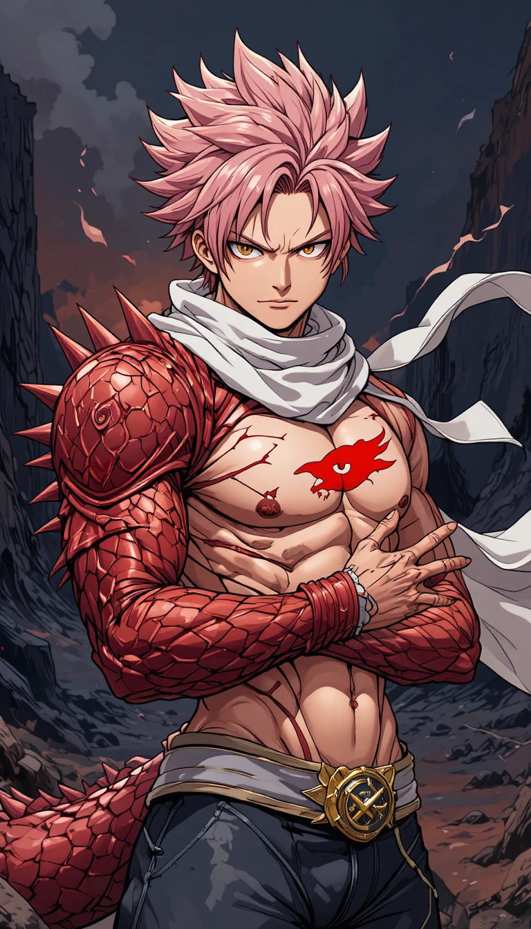 Anime hero with dragon arm in volcanic wasteland