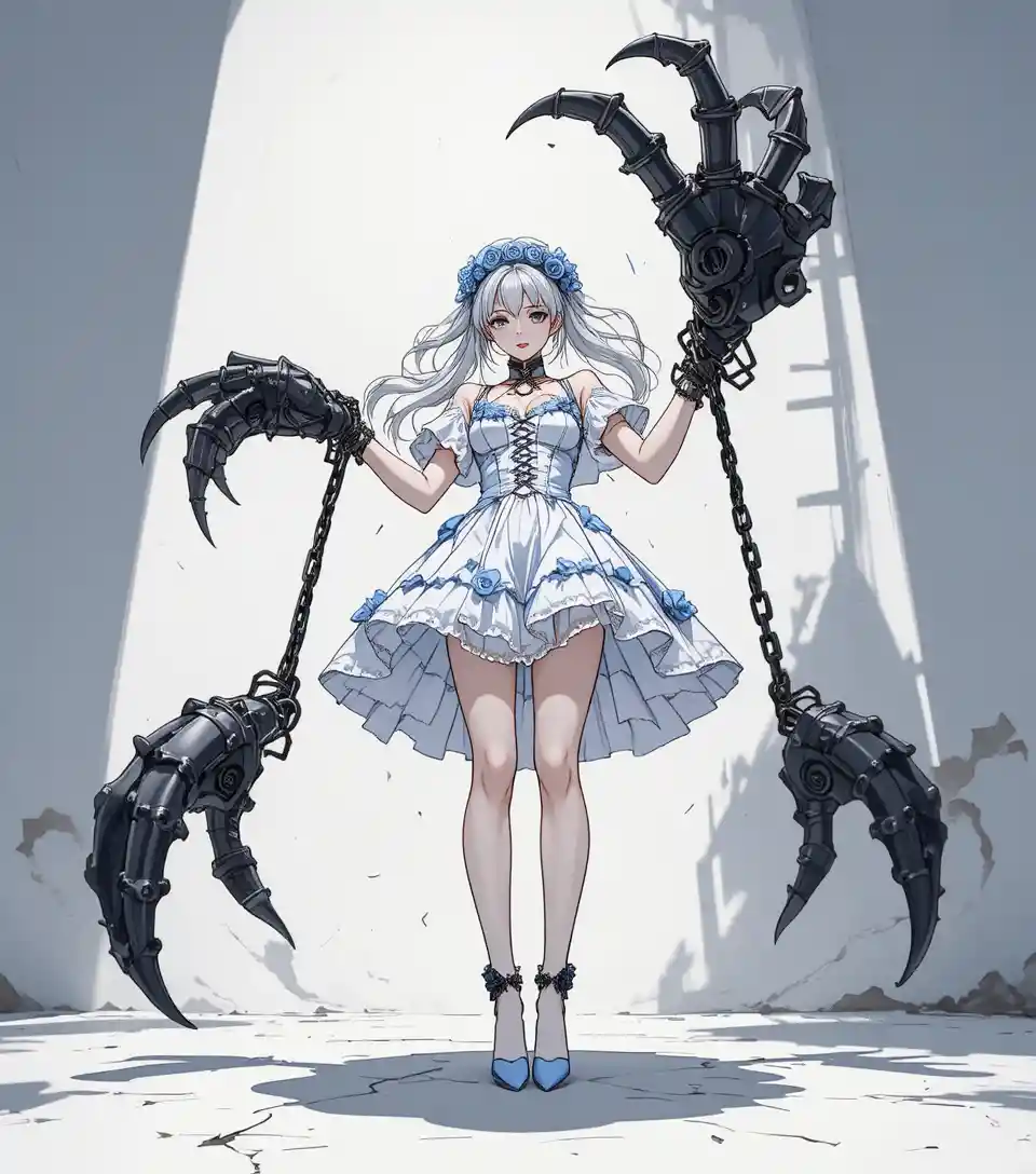 Ragazza gotica in stile anime con enormi artigli demoniaci incatenata