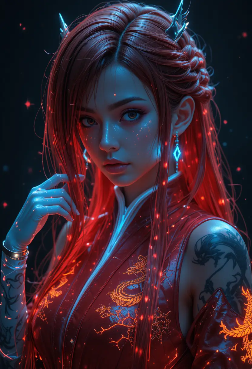 Cyan braided haired warrior woman in glowing dark scene