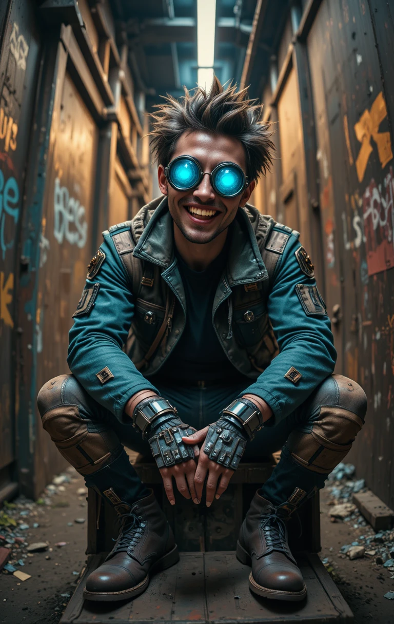 Pillard cyberpunk rebelle dans une ruelle industrielle sombre