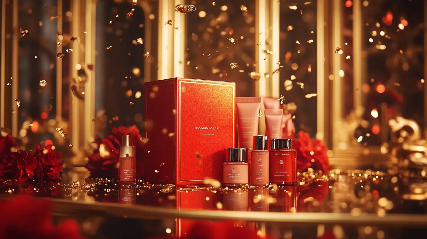 Festive red gift box with beauty products in spotlight