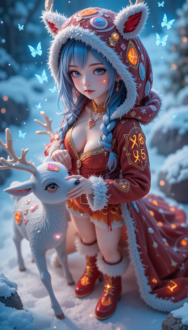 Fantasy reindeer girl in glowing winter rune outfit