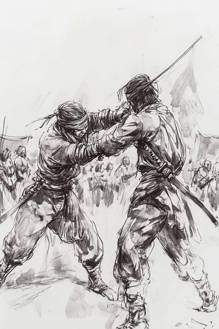 Two ninja warriors clash in a village street duel