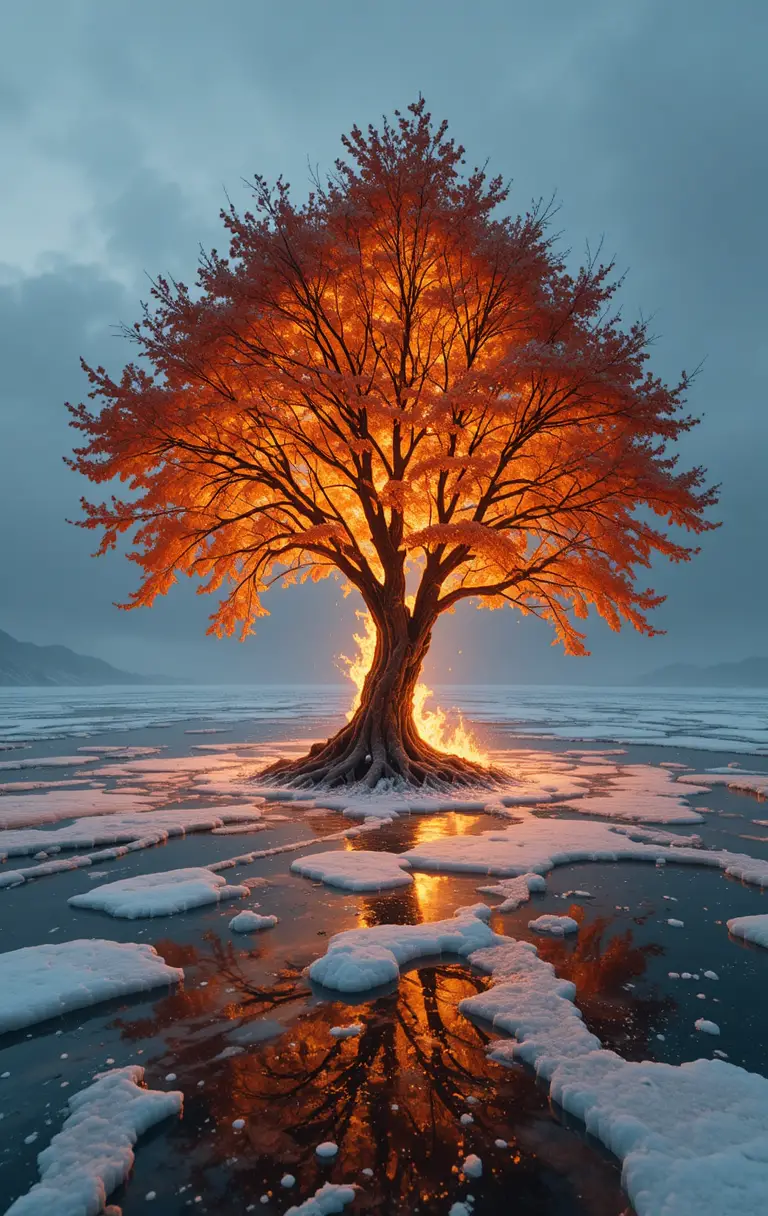 Fiery Tree Reflected On A Vast Frozen Grey Ocean