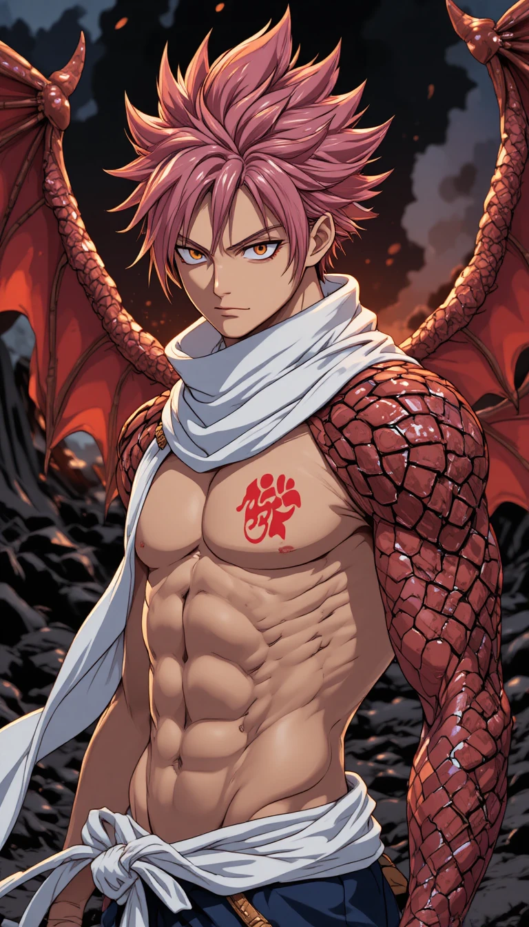 Anime fire mage with dragon arm in volcanic wasteland