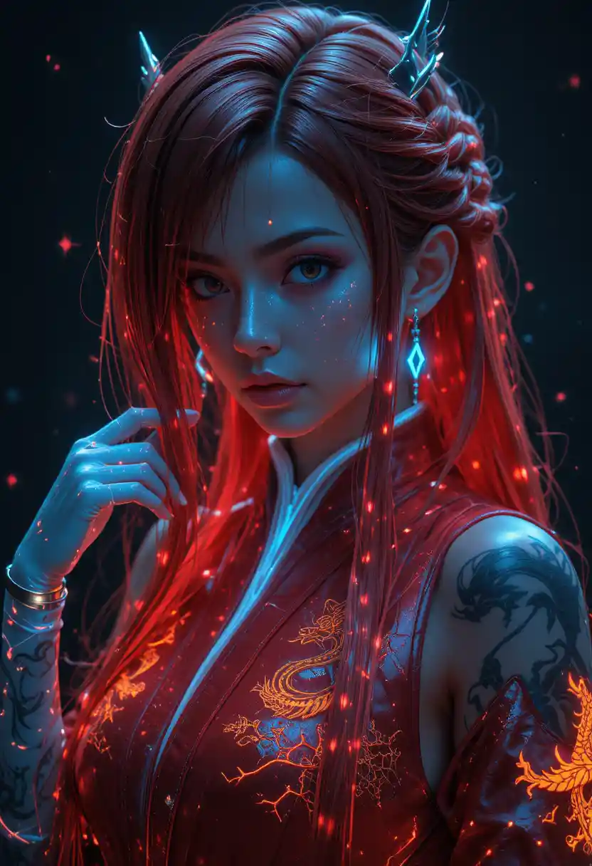 Cyan braided haired warrior woman in glowing dark scene