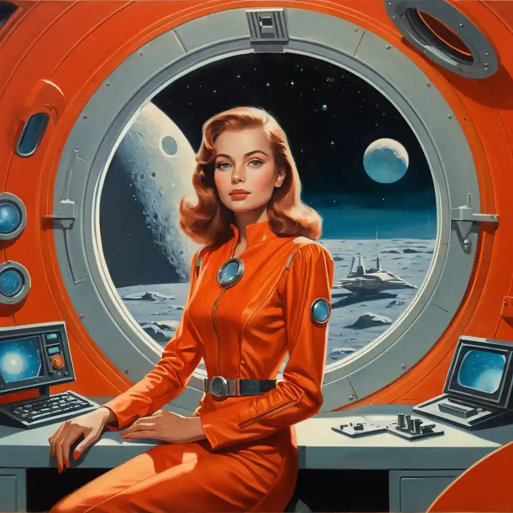Young woman in a futuristic spaceship cabin with moon view