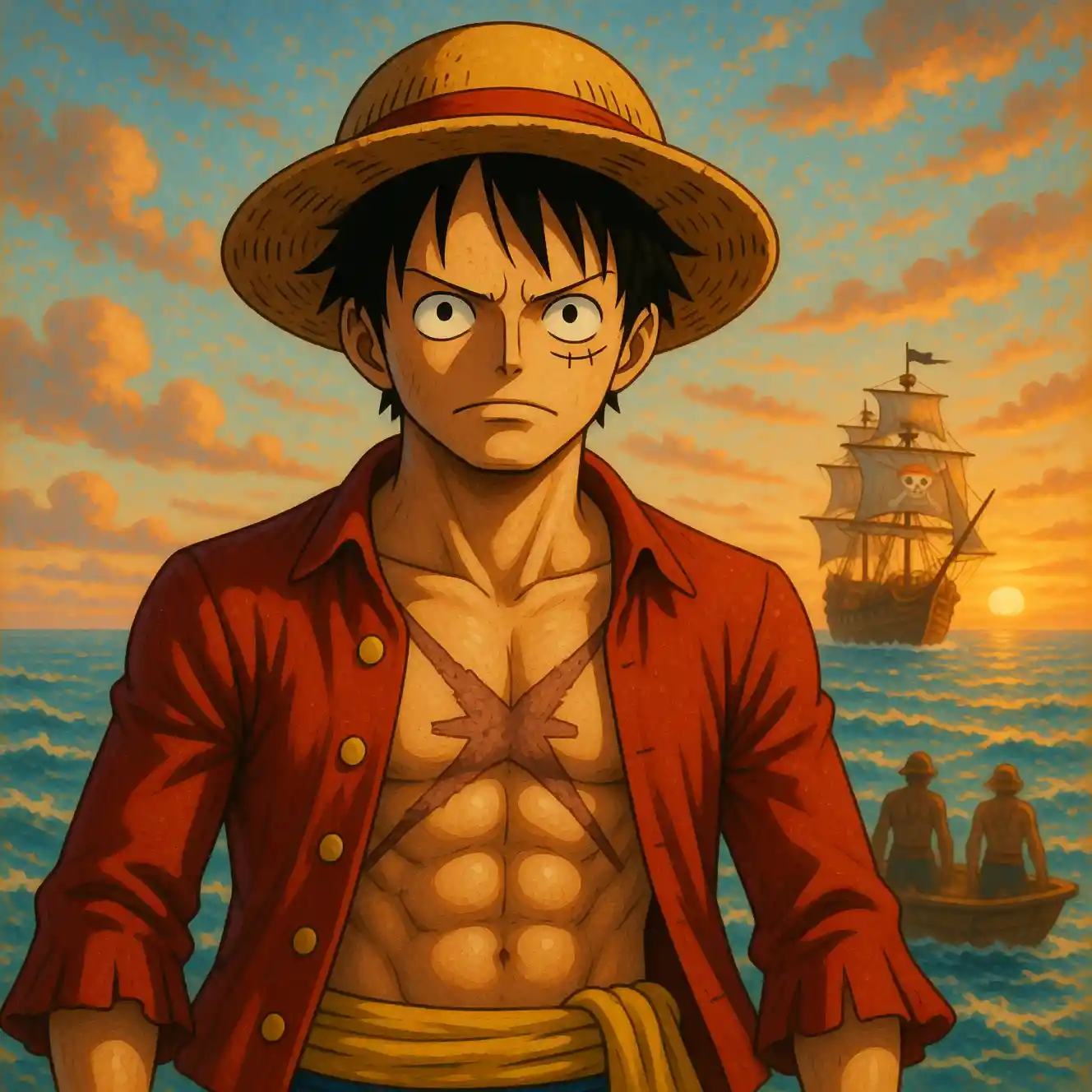 Vieux capitaine pirate debout face à une mer paisible