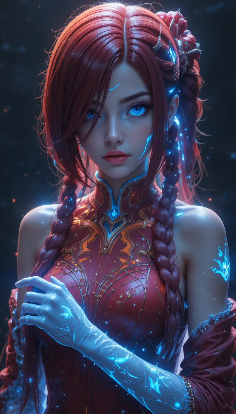 Bioluminescent warrior woman with glowing cyan braids