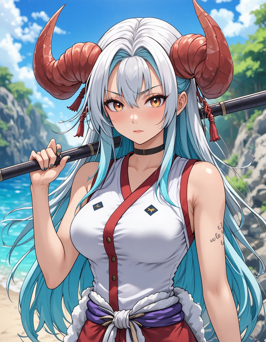 金棒を持つ角のあるアニメ戦士女性が島に立つ