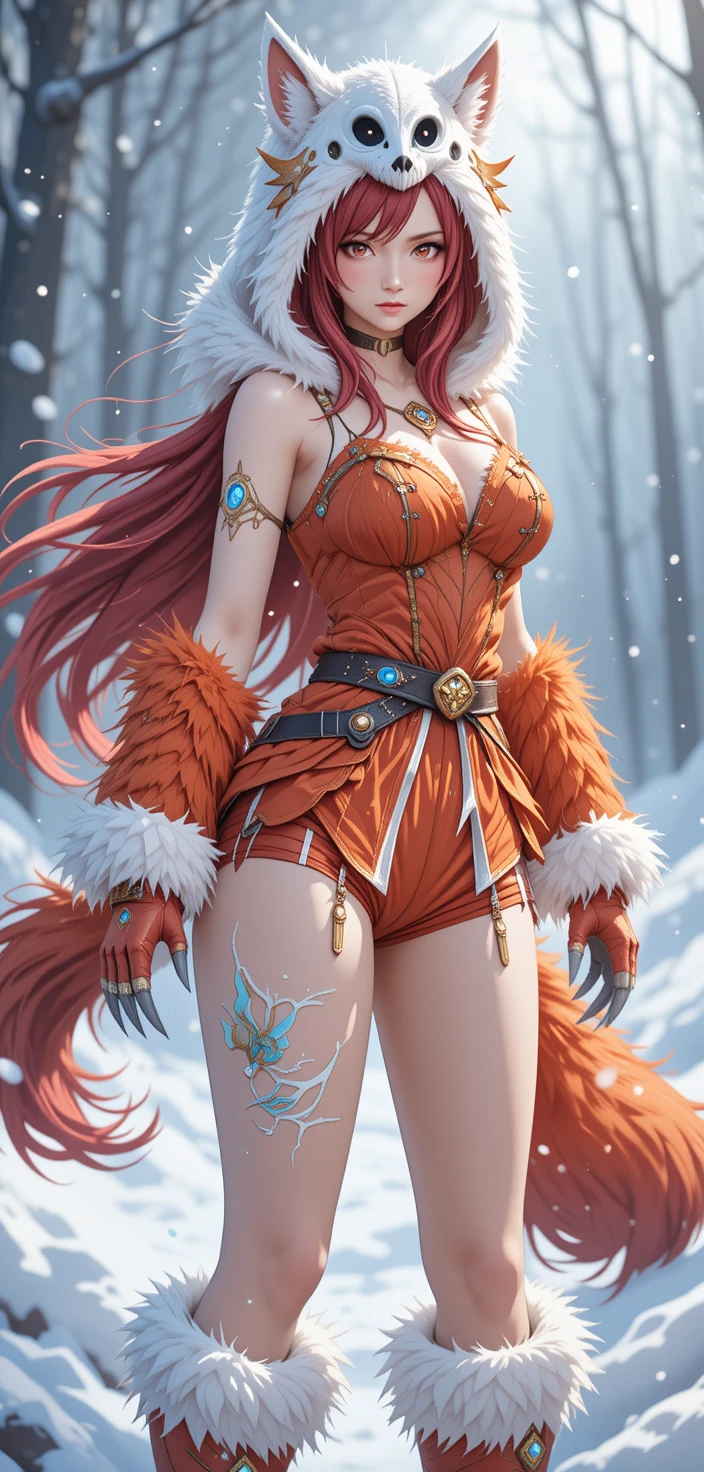 Guerriera anime dai capelli cremisi in paesaggio innevato