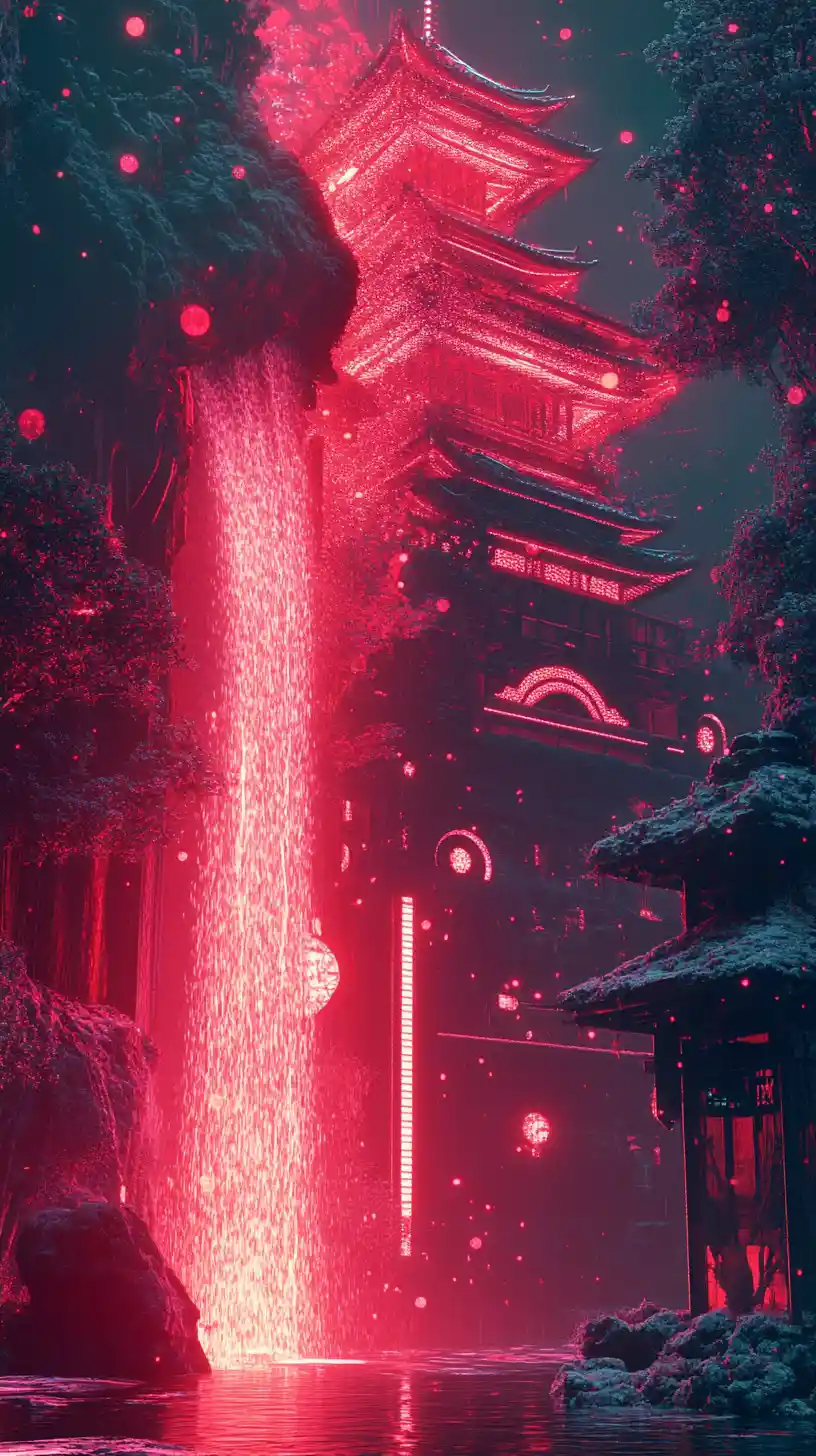 Fantastical Japanese Palace In A Snowy Waterfall Landscape