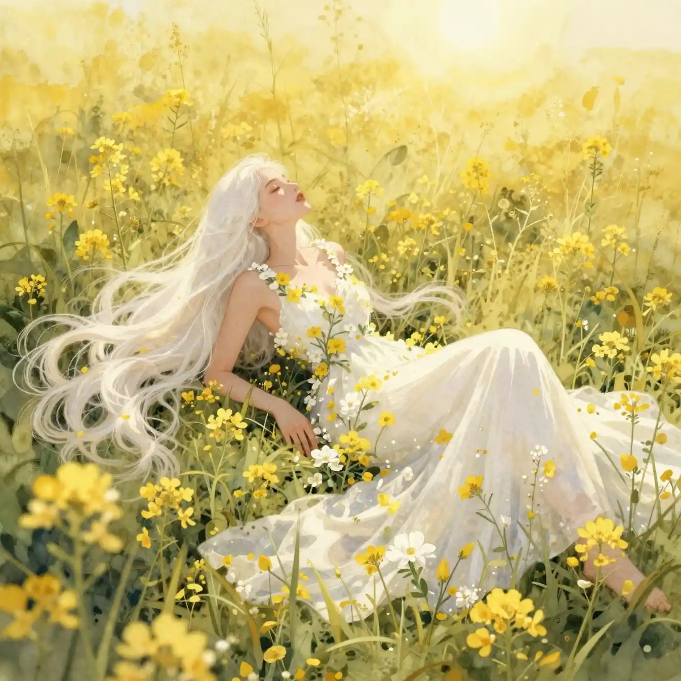 Woman with white hair lying in a yellow flower field