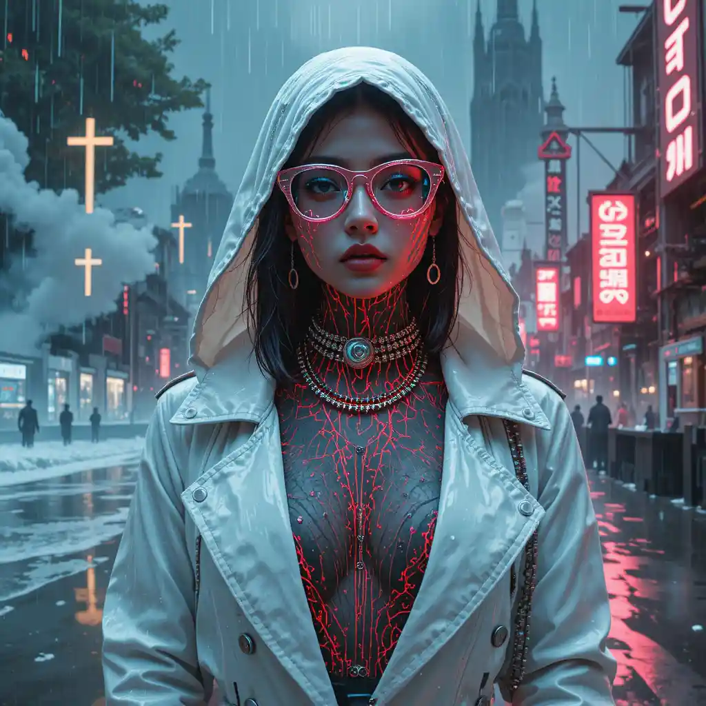 Glitch cyberpunk femme fatale in neon raincoat portrait