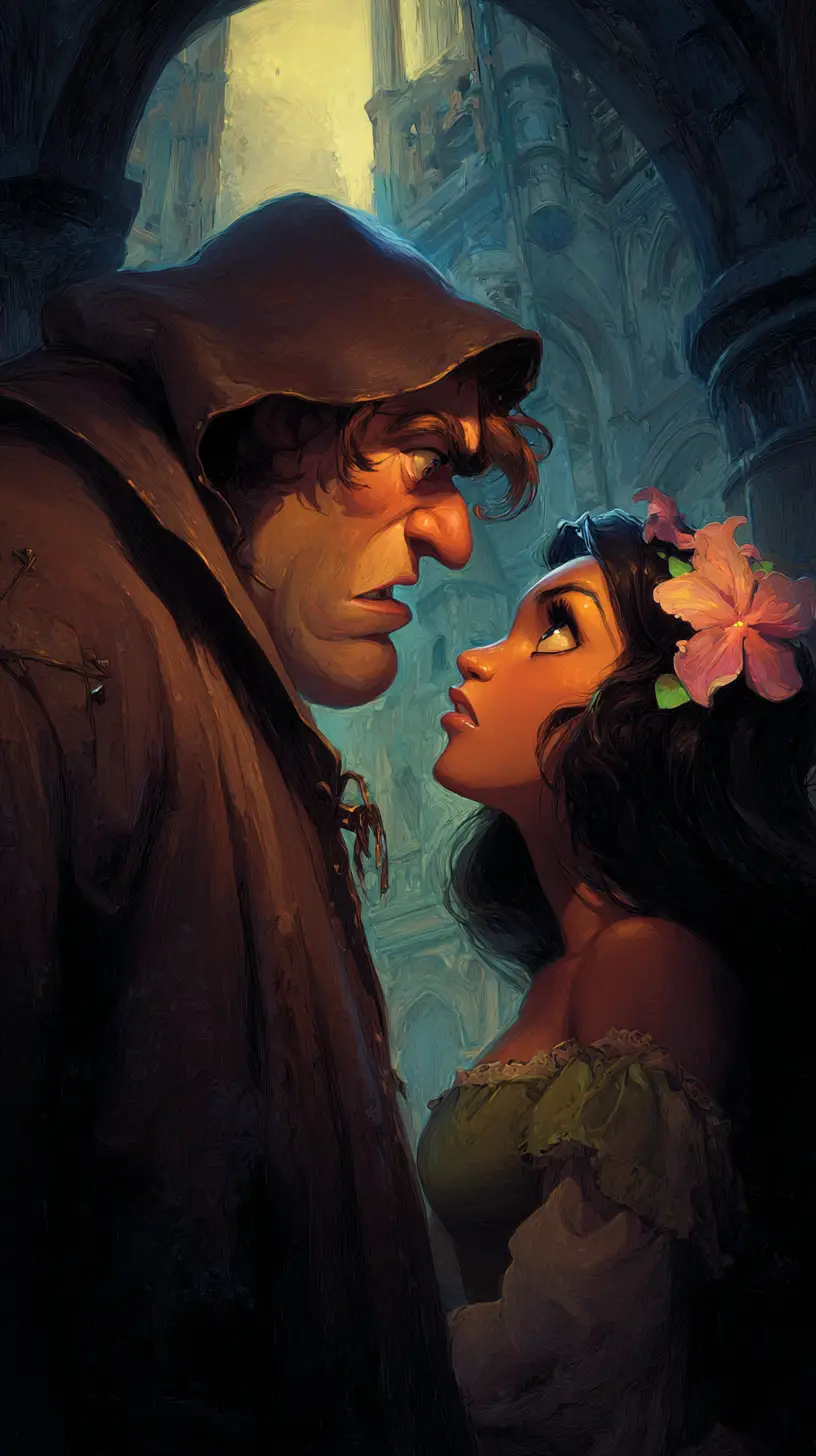 Romantic couple on Notre Dame balcony at night