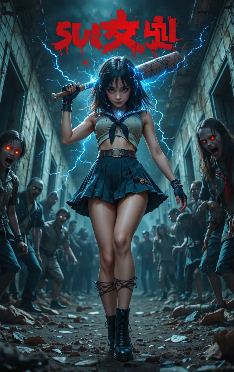 Schoolgirl warrior facing a glowing eyed zombie horde