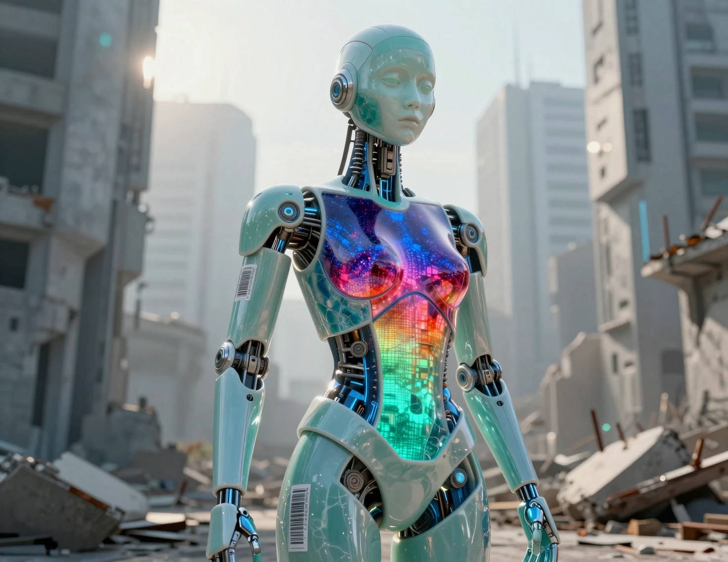Iridescent ceramic humanoid robot in a futuristic cityscape