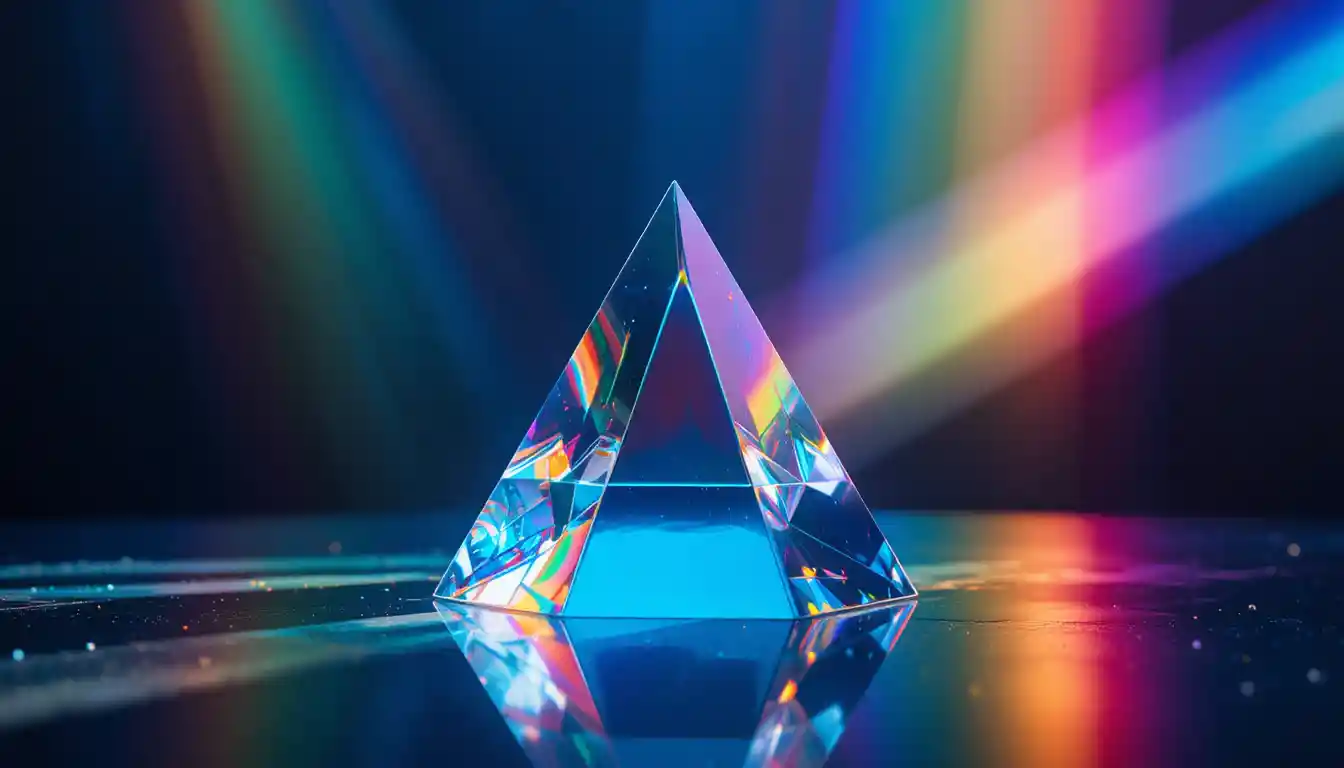 Crystal prism casting rainbow light on dark reflective surface