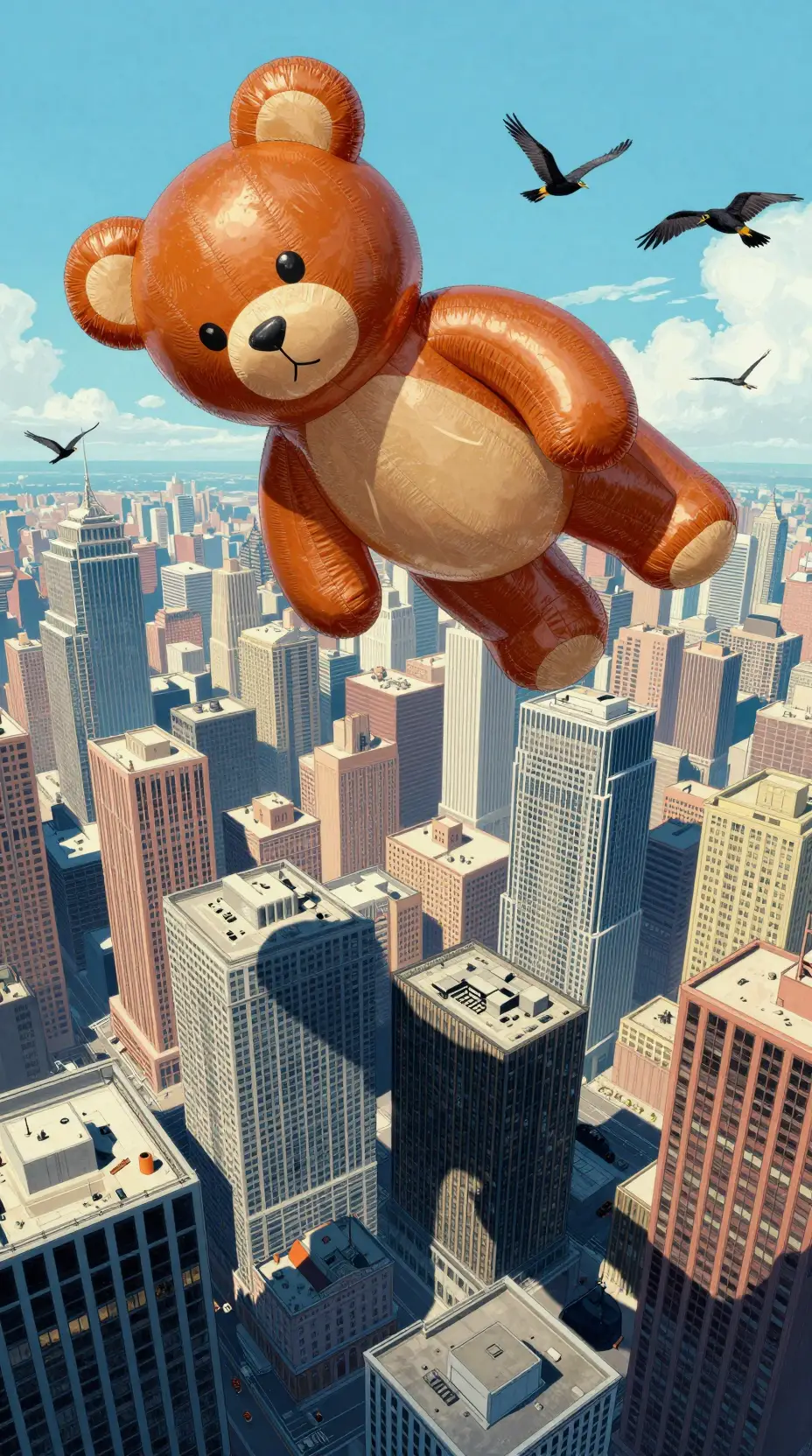 Giant inflatable teddy bear floating above colorful city skyscrapers