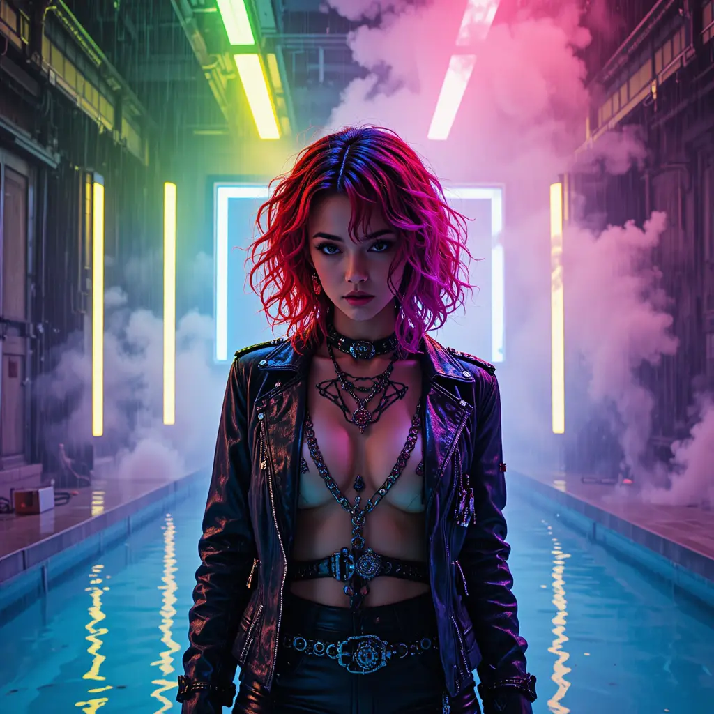 Cinematic femme figure in neon lights on mirrored studio floor
