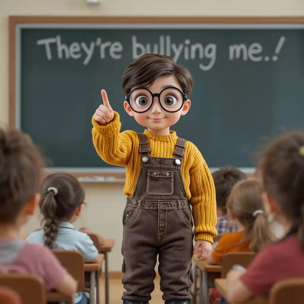 Boy accusing classmates of bullying in front of blackboard