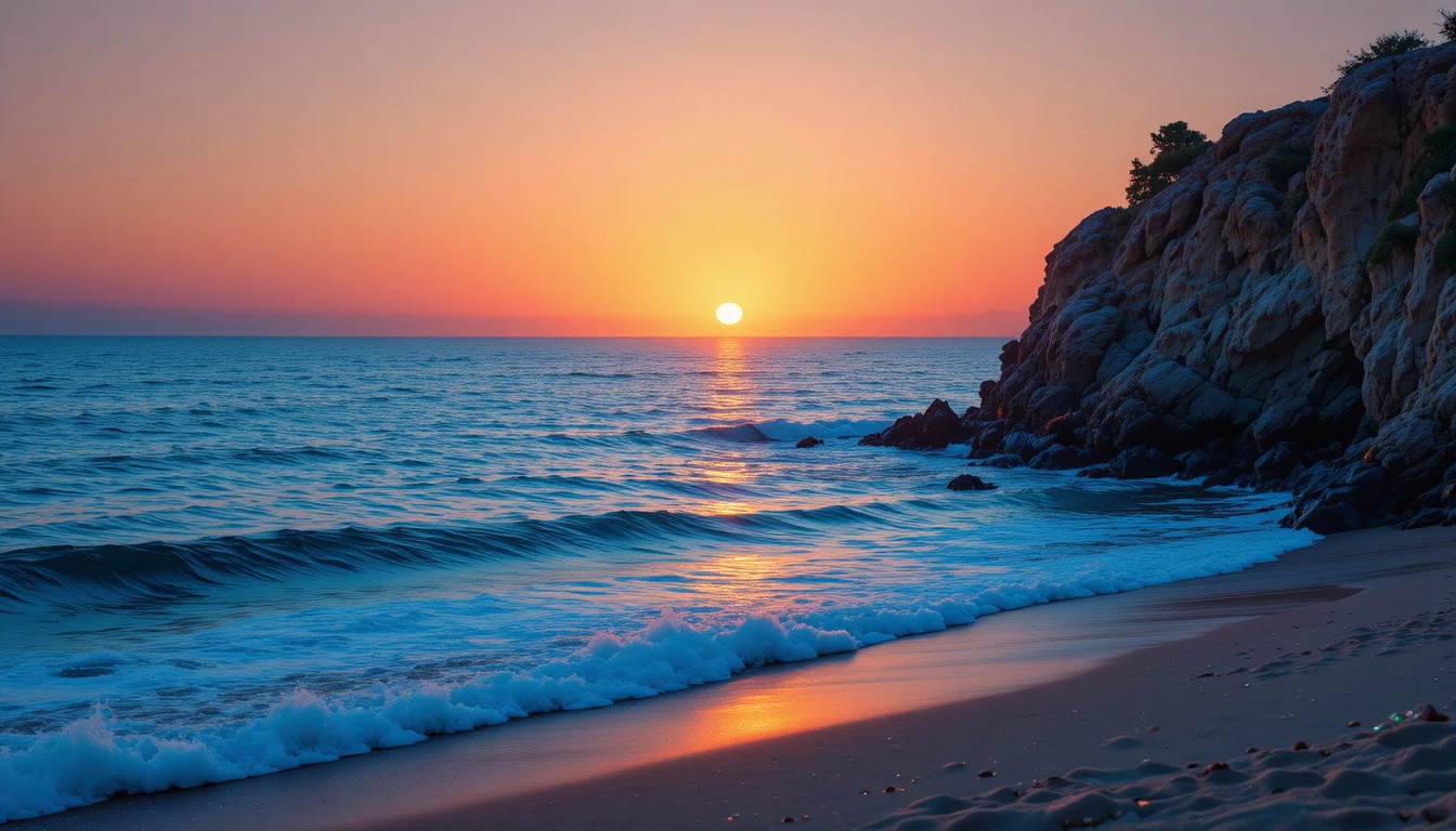 Golden sunset over tranquil blue ocean and rocky shore