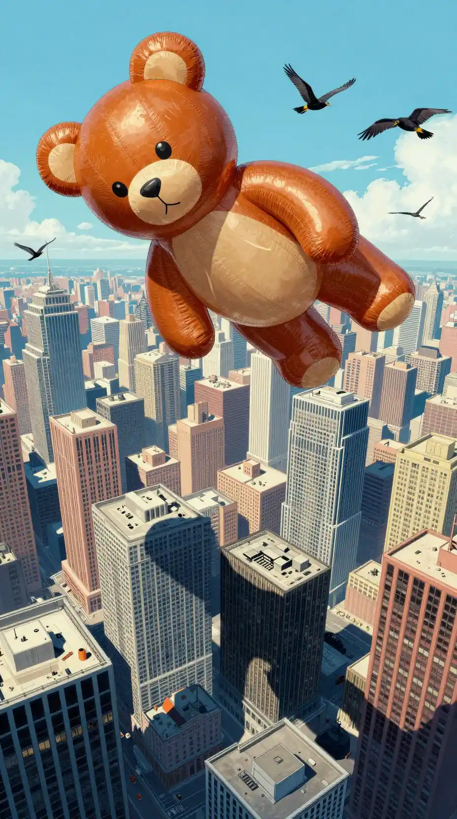 Giant inflatable teddy bear floating above colorful city skyscrapers
