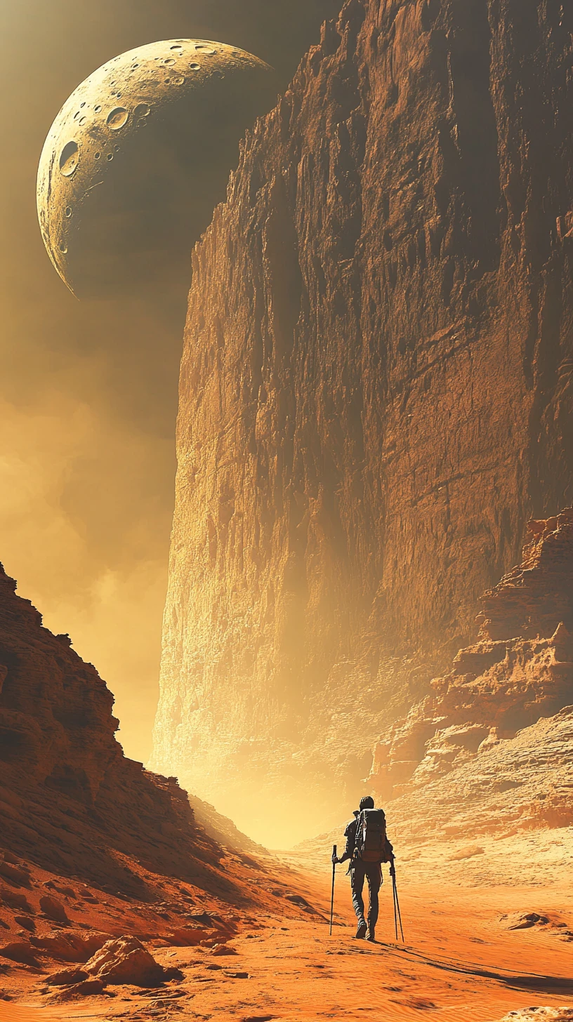 Lone traveler crossing desert toward towering canyon wall