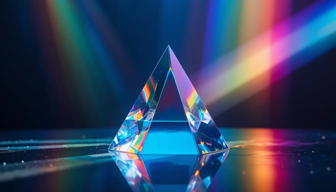 Crystal prism casting rainbow light on dark reflective surface