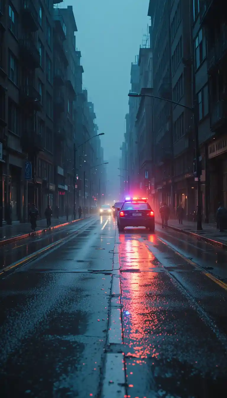 Empty City Street With Distant Police Lights After Rain