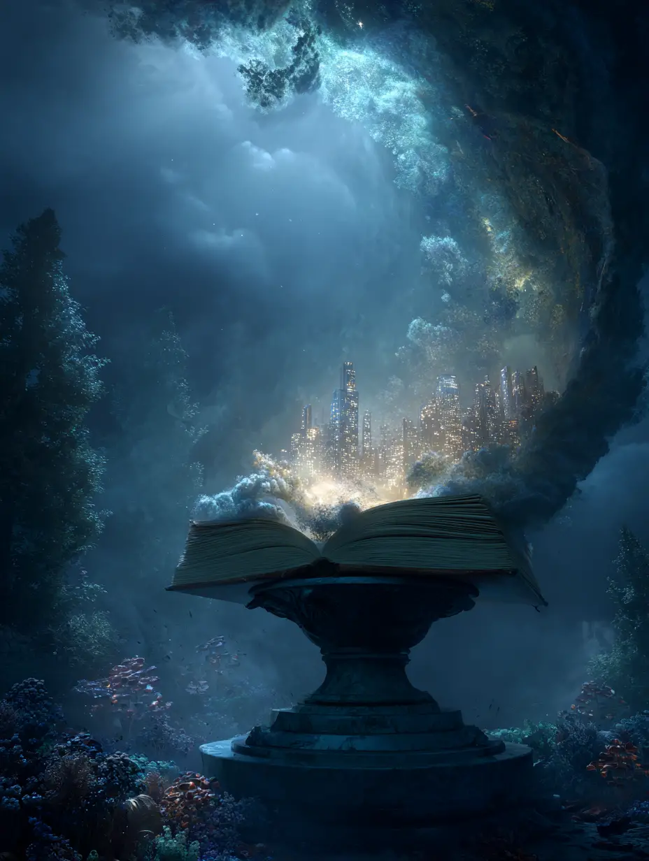 Mystical Open Book Portal In A Hidden Fantasy Library