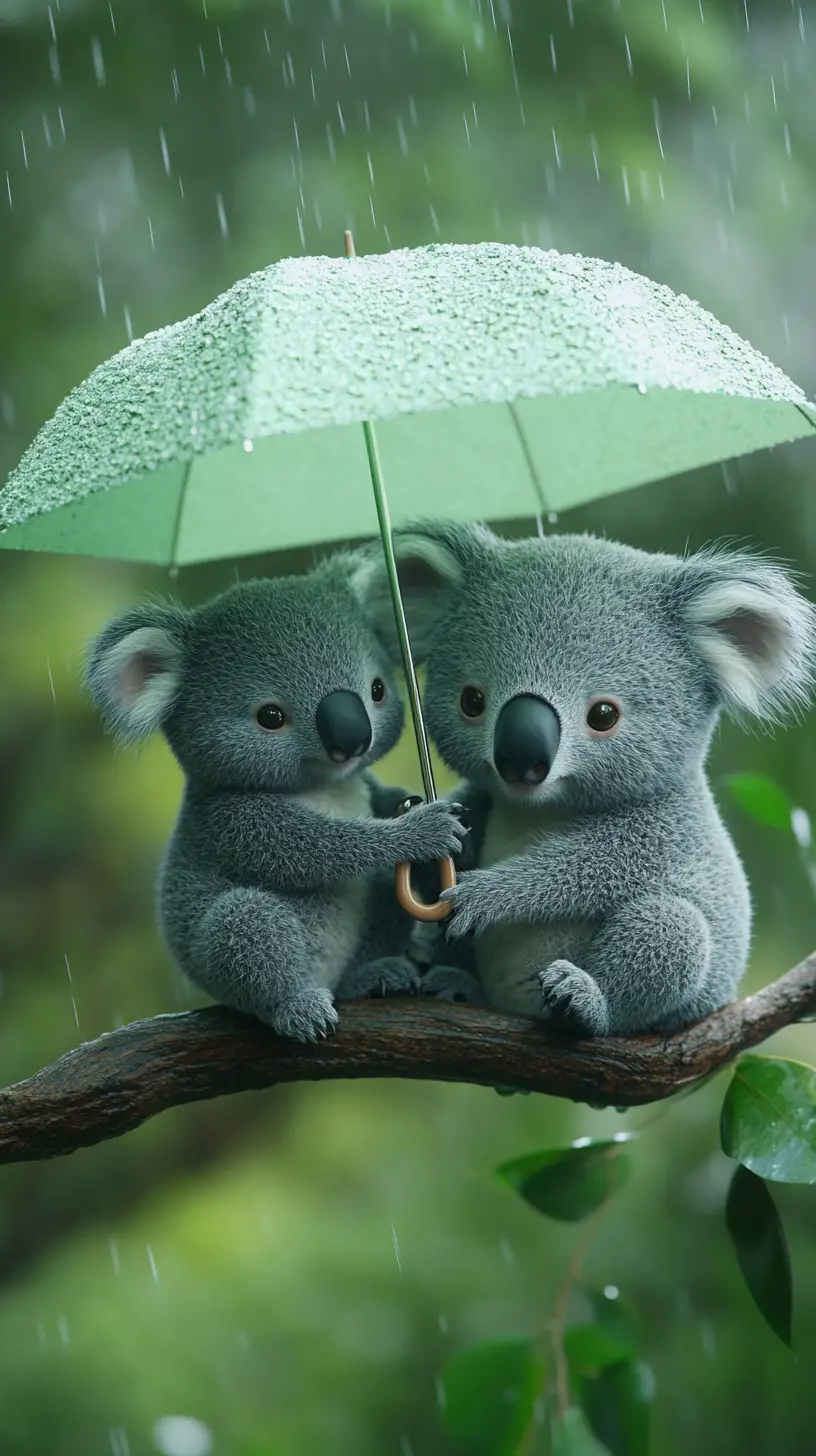 Adorable couple de koalas caché sous un parapluie vert