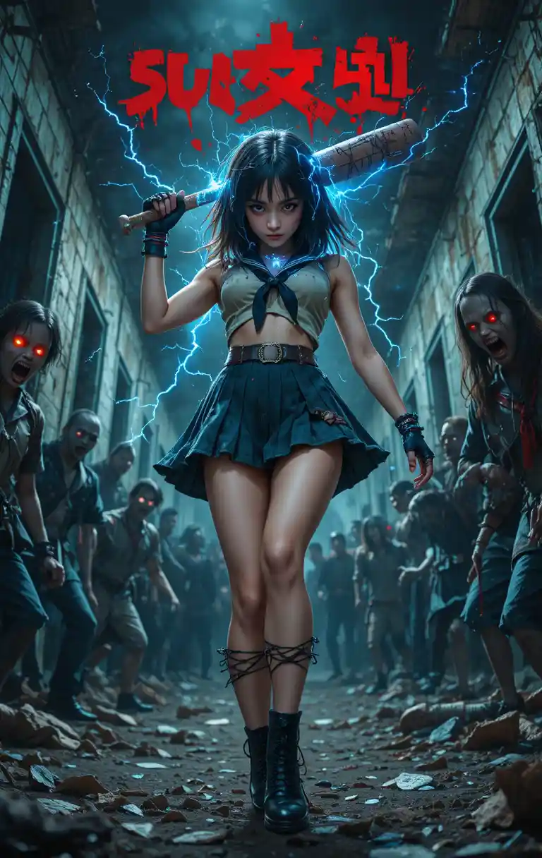 Schulmädchen-Kriegerin stellt sich einer Horde Zombies mit leuchtenden Augen
