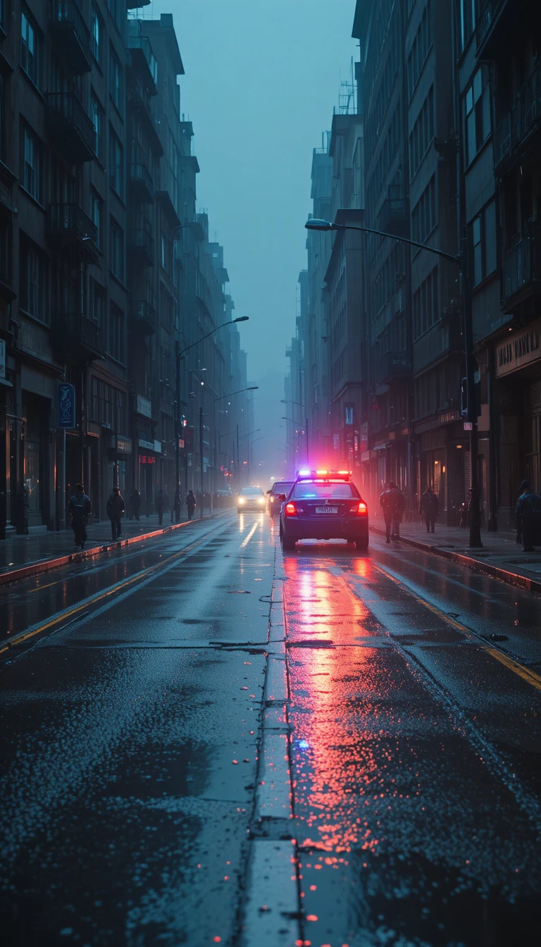 Empty City Street With Distant Police Lights After Rain