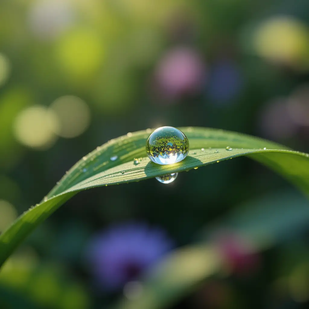 Single dewdrop on green leaf in soft morning light
