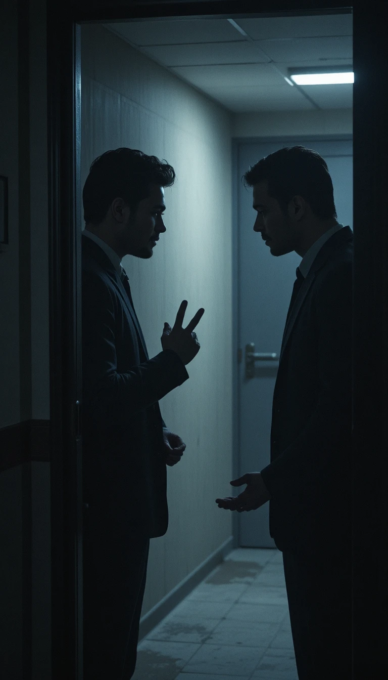 Two men talking quietly in a dark shadowy corner