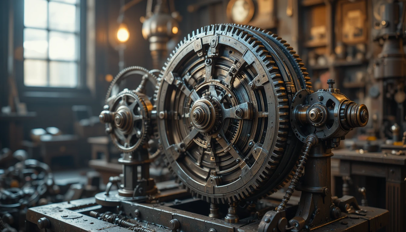 Engrenages métalliques imbriqués dans un atelier steampunk en gros plan