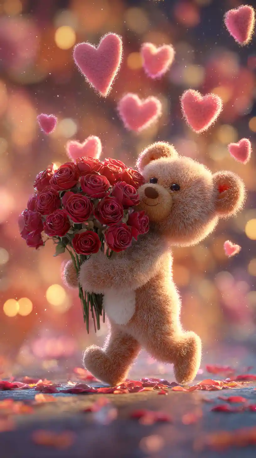 Cute teddy bear with red roses on glowing path