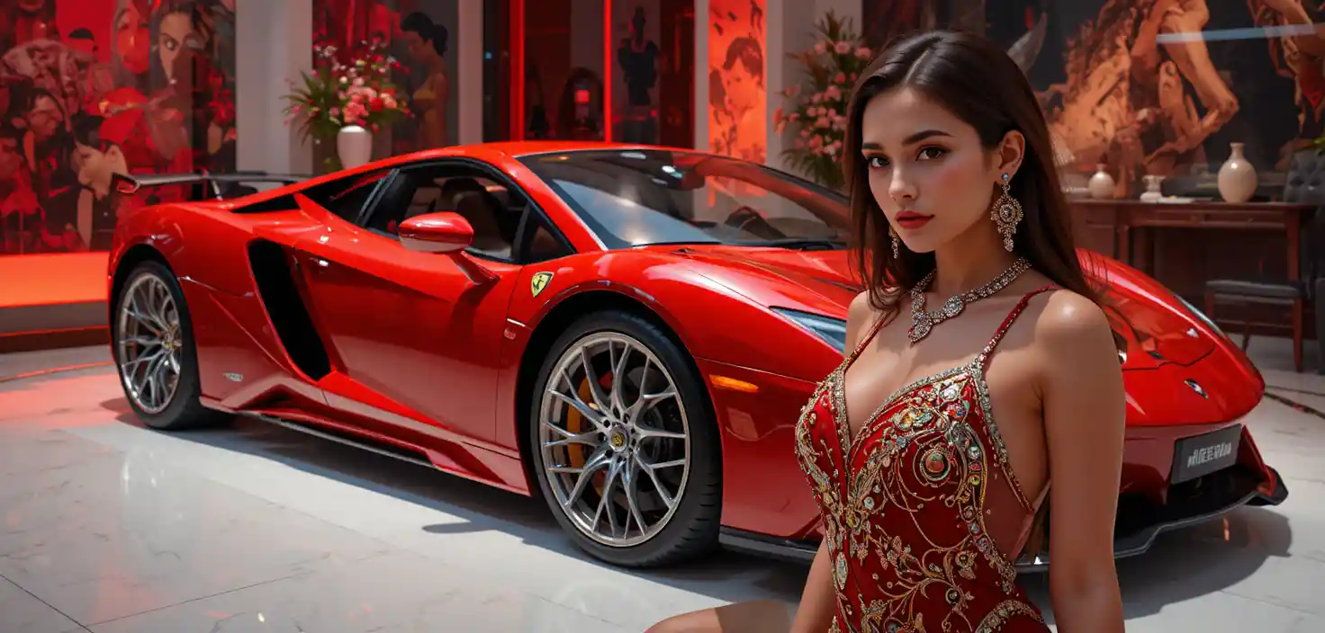 Stylish woman standing beside a sleek red supercar