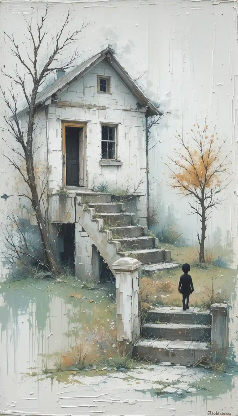 Peinture abstraite d’une maison en ruine et d’un escalier sous une lumière douce