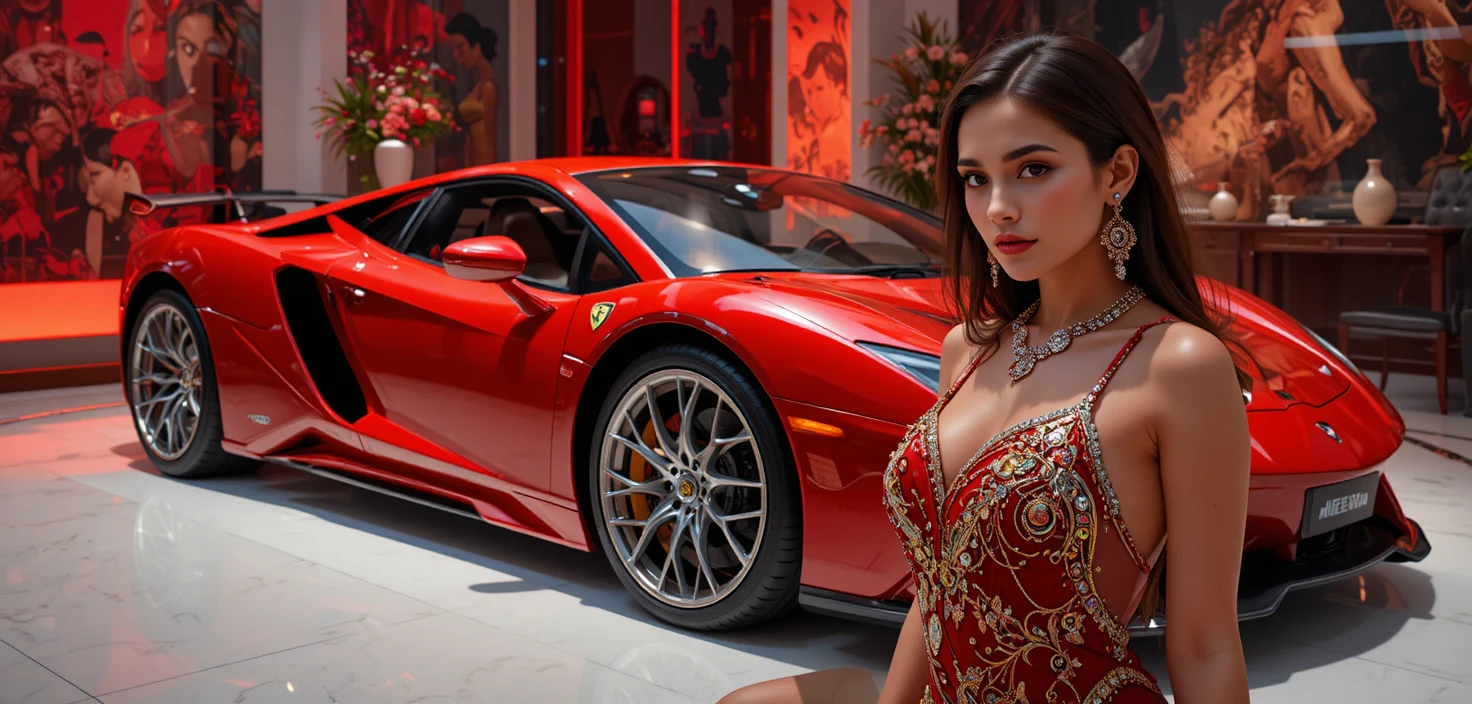 Stylish woman standing beside a sleek red supercar